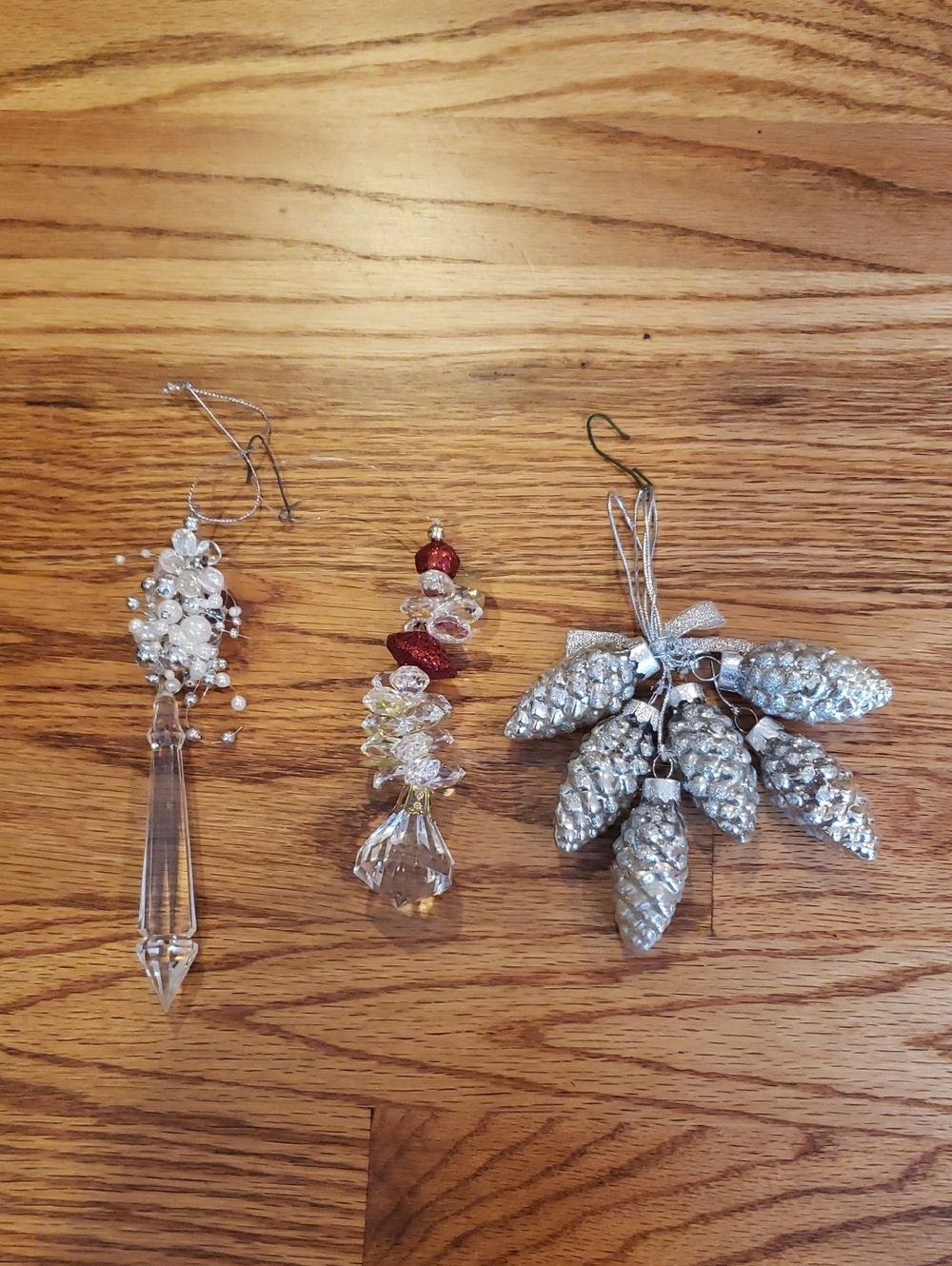 Elegant Christmas Ornaments- Set  Of 3- Clear & Silver With Accent Of Red